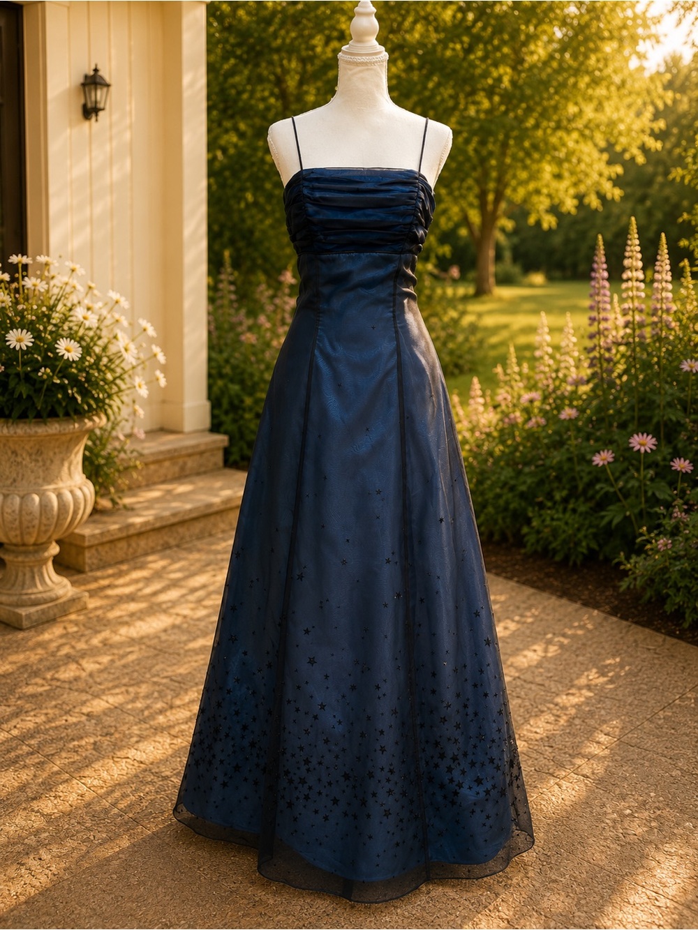 Morgan & Co. Vintage Navy Blue Spaghetti-Strap Prom Gown
